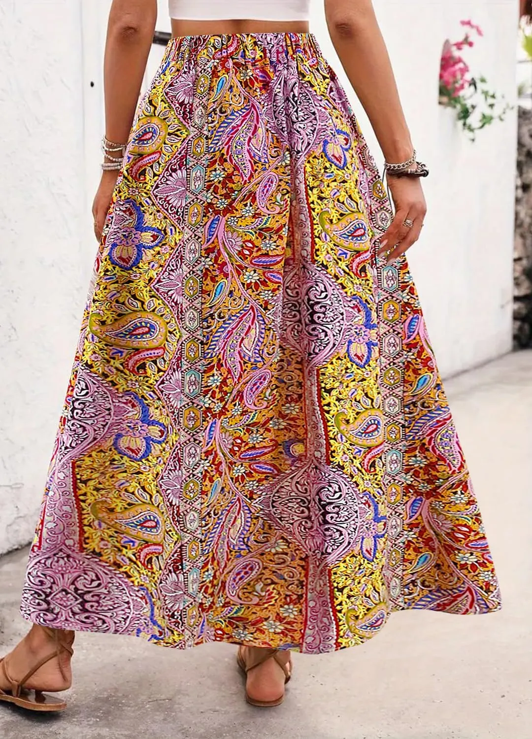 Women's Vintage Paisley Printed A-Line Skirt High Waist Sexy Split Maxi Flowy Midi Skirts for Beach Party Holiday