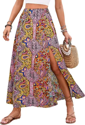 Women's Vintage Paisley Printed A-Line Skirt High Waist Sexy Split Maxi Flowy Midi Skirts for Beach Party Holiday