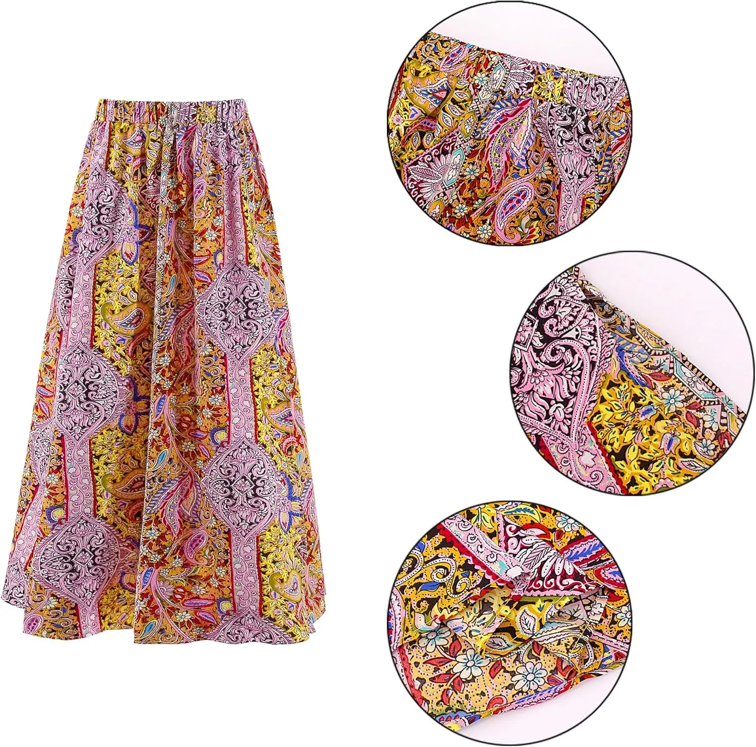 Women's Vintage Paisley Printed A-Line Skirt High Waist Sexy Split Maxi Flowy Midi Skirts for Beach Party Holiday