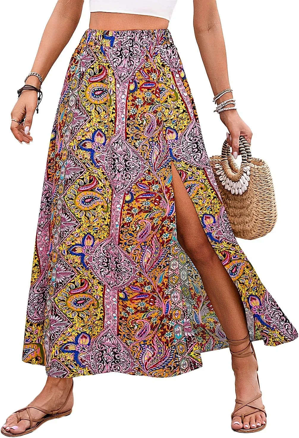Women's Vintage Paisley Printed A-Line Skirt High Waist Sexy Split Maxi Flowy Midi Skirts for Beach Party Holiday