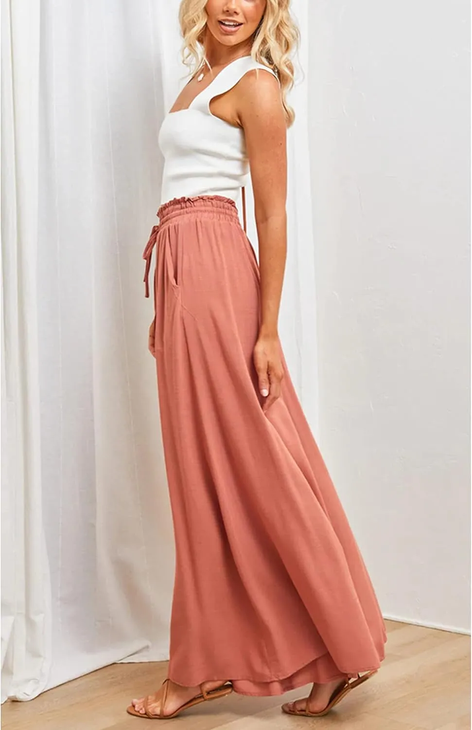 Women's Wide Leg Palazzo Maxi Flowy Pants Elastic High Waist Casual Drawstring Lounge Culotte with Pocket