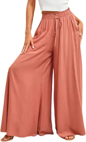 Women's Wide Leg Palazzo Maxi Flowy Pants Elastic High Waist Casual Drawstring Lounge Culotte with Pocket