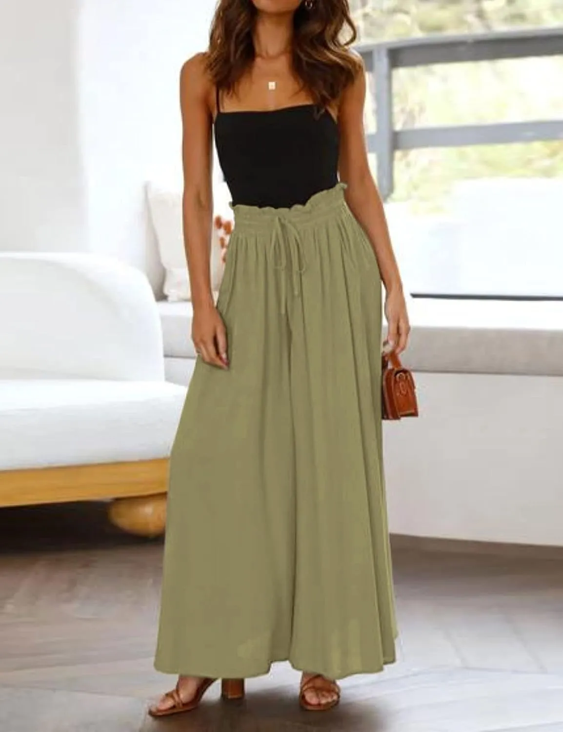 Women's Wide Leg Palazzo Maxi Flowy Pants Elastic High Waist Casual Drawstring Lounge Culotte with Pocket
