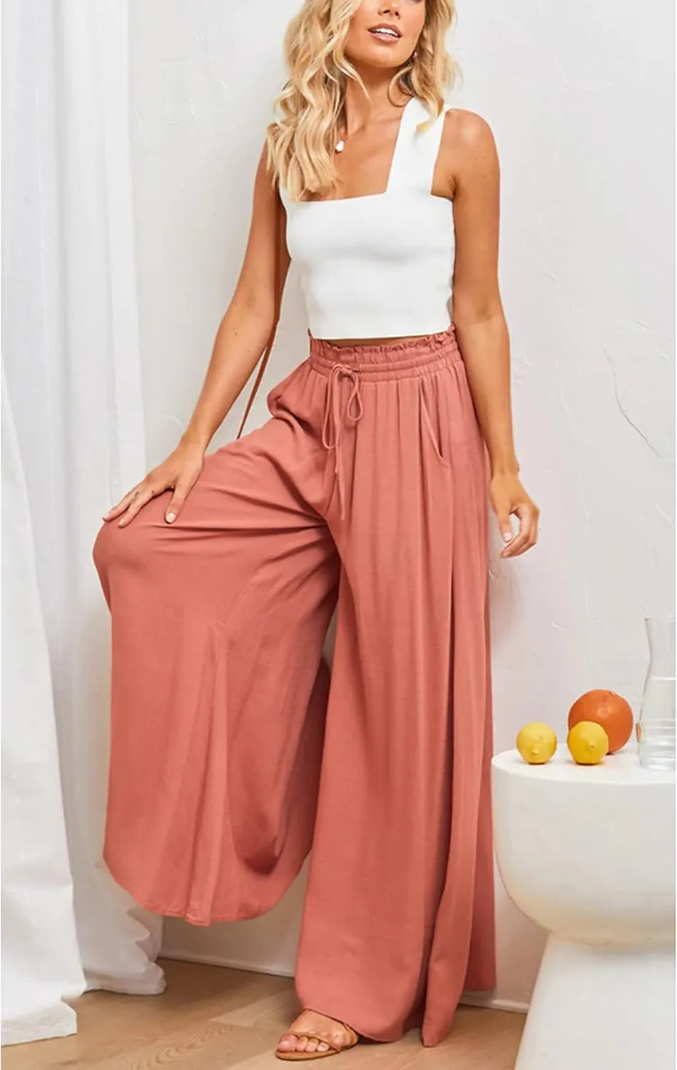 Women's Wide Leg Palazzo Maxi Flowy Pants Elastic High Waist Casual Drawstring Lounge Culotte with Pocket