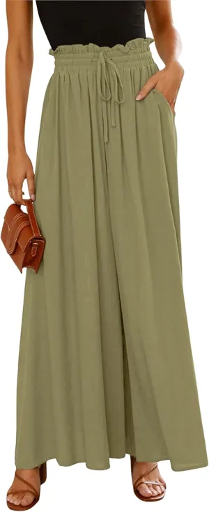 Women's Wide Leg Palazzo Maxi Flowy Pants Elastic High Waist Casual Drawstring Lounge Culotte with Pocket