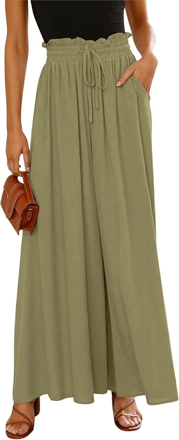 Women's Wide Leg Palazzo Maxi Flowy Pants Elastic High Waist Casual Drawstring Lounge Culotte with Pocket