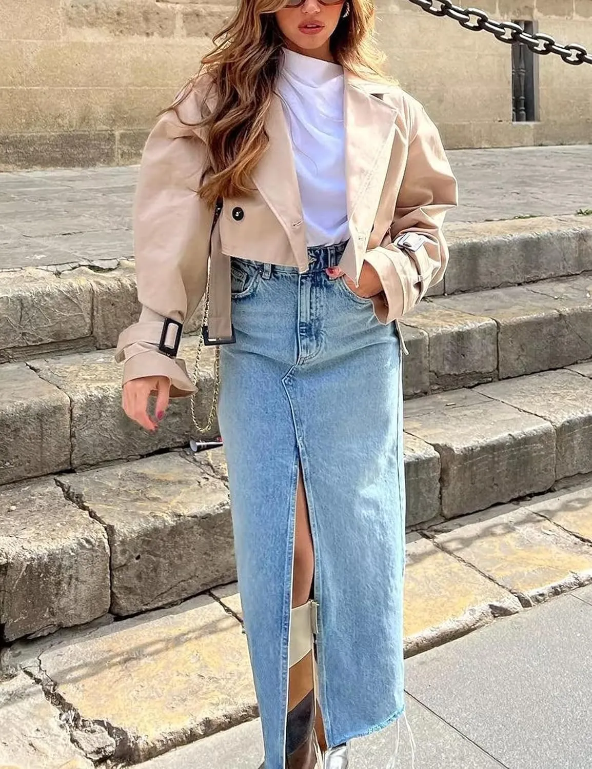 Xiaoxuemeng Womens Cropped Bike Jacket Casual Double Breasted Trench Coat with Belt
