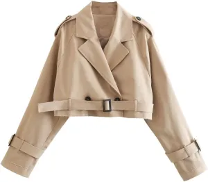 Xiaoxuemeng Womens Cropped Bike Jacket Casual Double Breasted Trench Coat with Belt