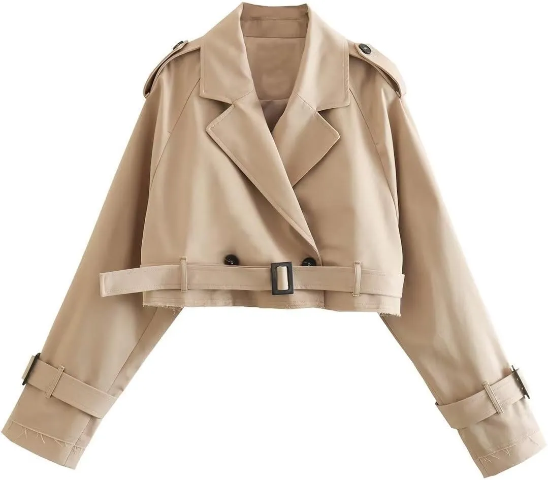 Xiaoxuemeng Womens Cropped Bike Jacket Casual Double Breasted Trench Coat with Belt