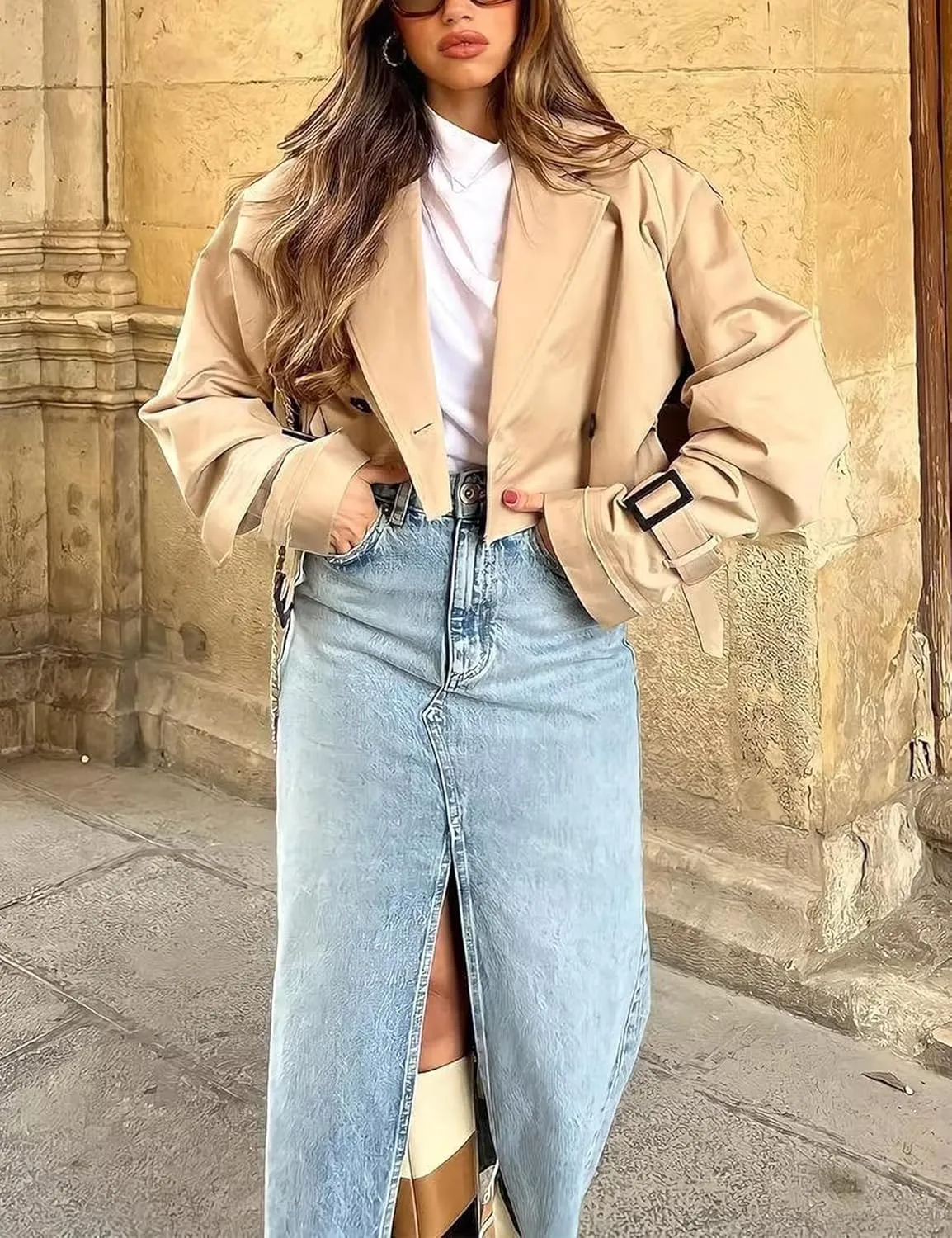Xiaoxuemeng Womens Cropped Bike Jacket Casual Double Breasted Trench Coat with Belt