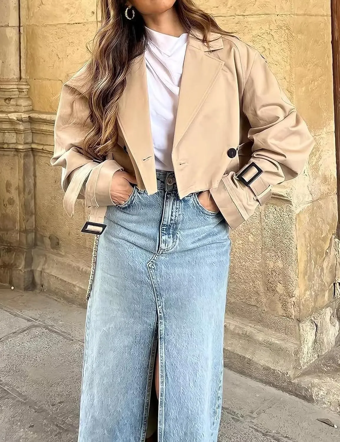 Xiaoxuemeng Womens Cropped Bike Jacket Casual Double Breasted Trench Coat with Belt