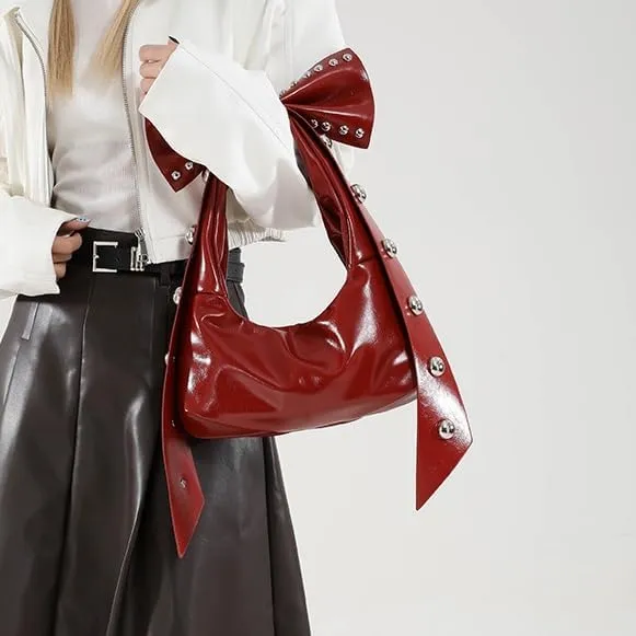 Y2k Coquette Purse with Bow Knot Studded Crescent Hobo Bag Aesthetic Women Handbag Rivet Shoulder Bags Satchels Tote
