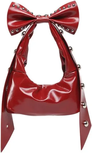 Y2k Coquette Purse with Bow Knot Studded Crescent Hobo Bag Aesthetic Women Handbag Rivet Shoulder Bags Satchels Tote