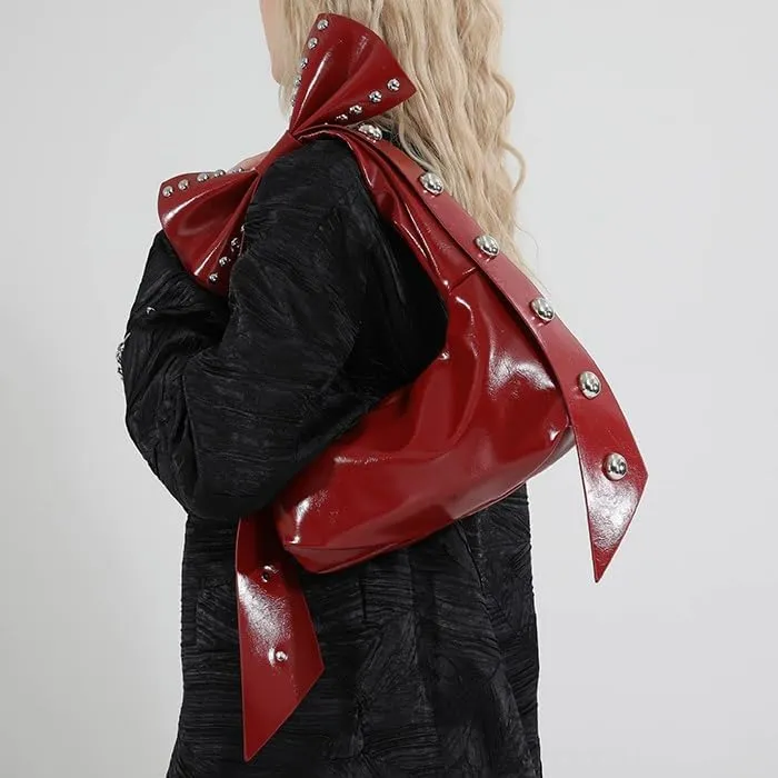 Y2k Coquette Purse with Bow Knot Studded Crescent Hobo Bag Aesthetic Women Handbag Rivet Shoulder Bags Satchels Tote
