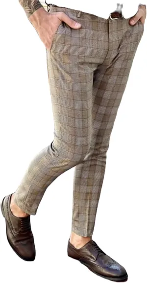 YIBIMOTTO Men's Slim Fit Pants Straight Dress Pants Business Suit Plaid Slacks Pants Skinny Twill Checkered Casual Chino Long Trousers with Pockets,Khaki Plaid,3XL