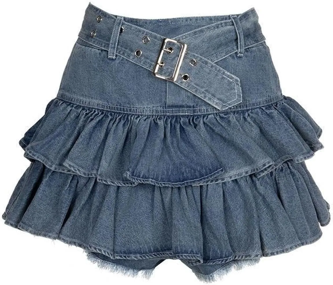 YMSHOPE Women's Mini Denim Pleated Short Skirt Y2K Women's High Waisted Denim Short Skirt with Belt