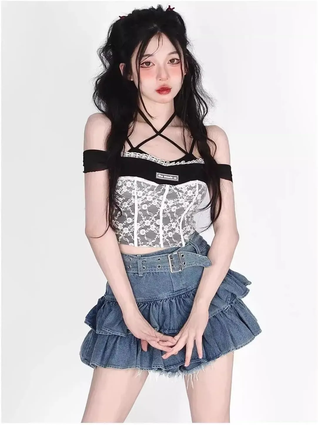 YMSHOPE Women's Mini Denim Pleated Short Skirt Y2K Women's High Waisted Denim Short Skirt with Belt