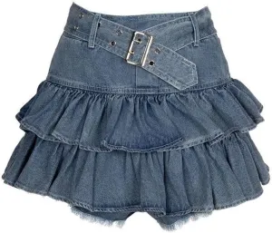 YMSHOPE Women's Mini Denim Pleated Short Skirt Y2K Women's High Waisted Denim Short Skirt with Belt