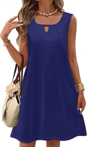 Zeagoo Womens Casual Summer Dresses 2025 Boho Sleeveless Sundresses with Pockets Pleated Beach Floral T Shirt Dresses