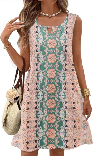 Zeagoo Womens Casual Summer Dresses 2025 Boho Sleeveless Sundresses with Pockets Pleated Beach Floral T Shirt Dresses