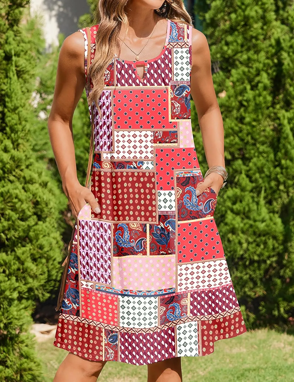 Zeagoo Womens Casual Summer Dresses 2025 Boho Sleeveless Sundresses with Pockets Pleated Beach Floral T Shirt Dresses