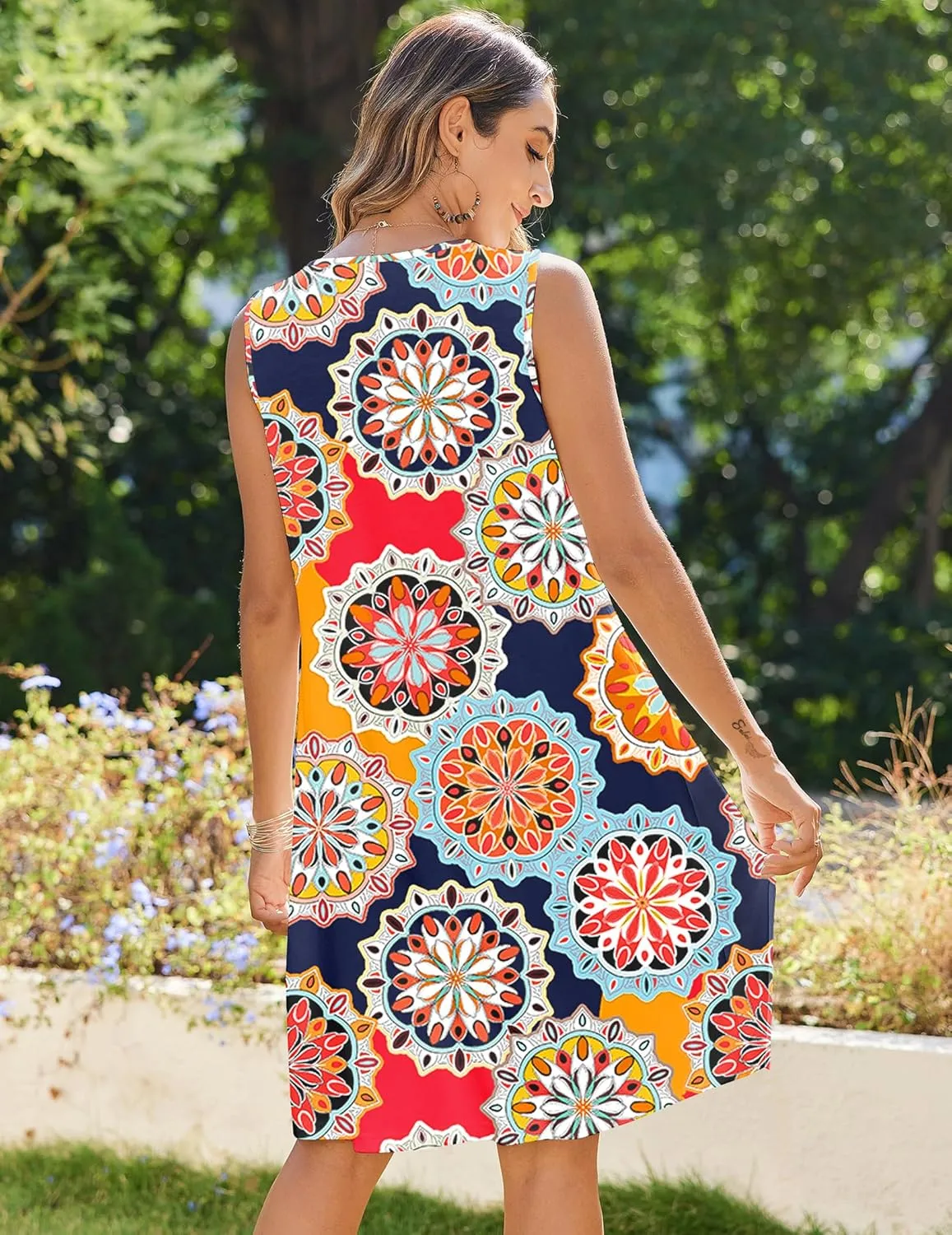 Zeagoo Womens Casual Summer Dresses 2025 Boho Sleeveless Sundresses with Pockets Pleated Beach Floral T Shirt Dresses