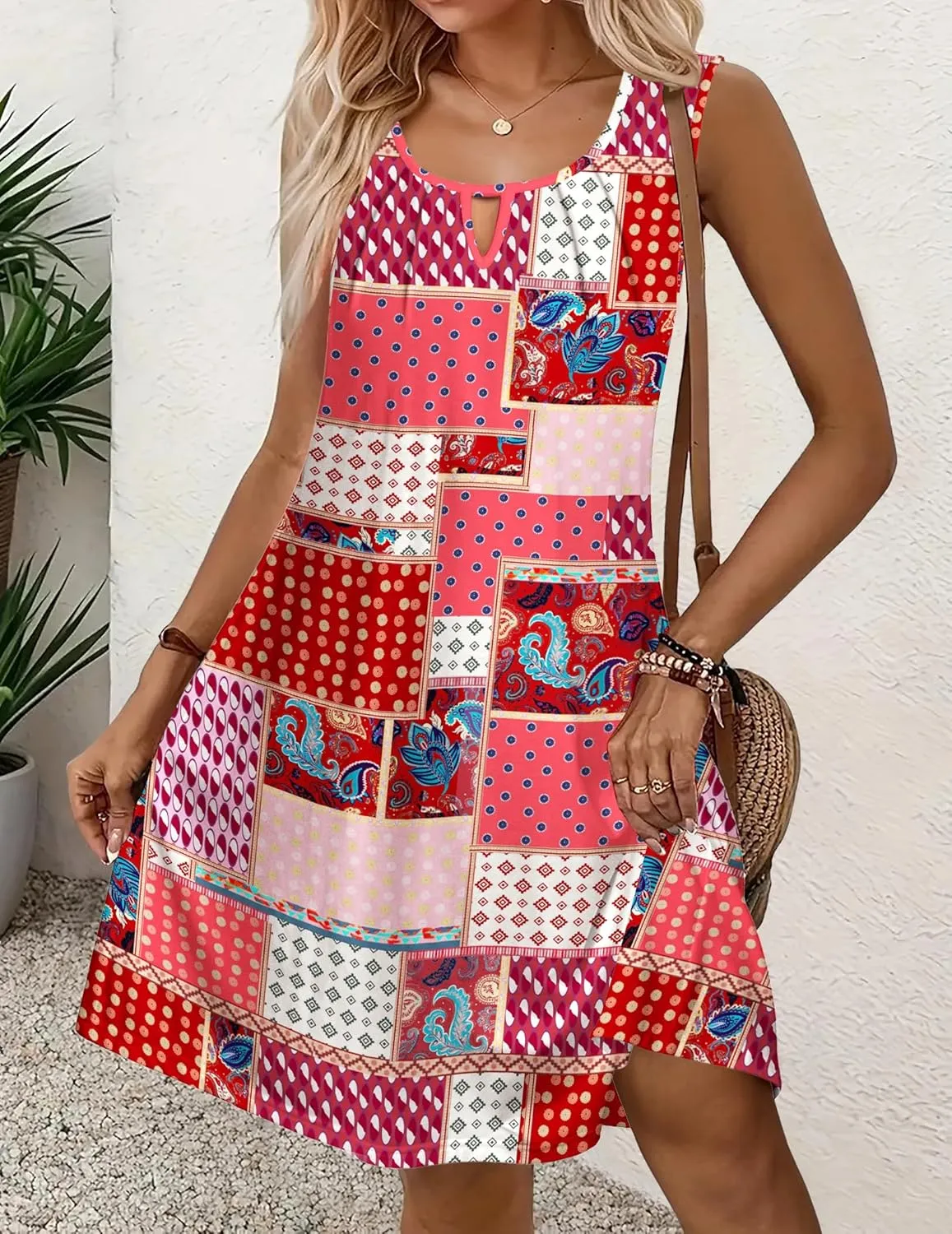 Zeagoo Womens Casual Summer Dresses 2025 Boho Sleeveless Sundresses with Pockets Pleated Beach Floral T Shirt Dresses