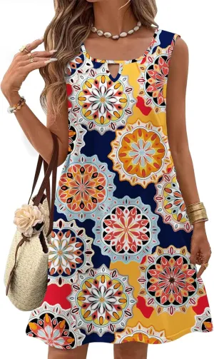 Zeagoo Womens Casual Summer Dresses 2025 Boho Sleeveless Sundresses with Pockets Pleated Beach Floral T Shirt Dresses