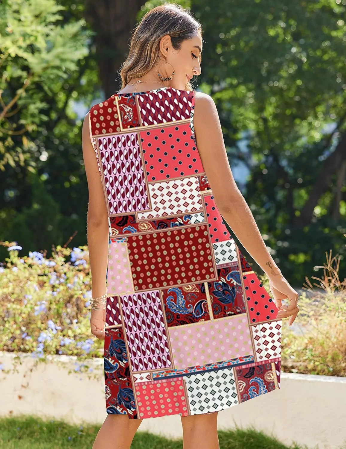 Zeagoo Womens Casual Summer Dresses 2025 Boho Sleeveless Sundresses with Pockets Pleated Beach Floral T Shirt Dresses