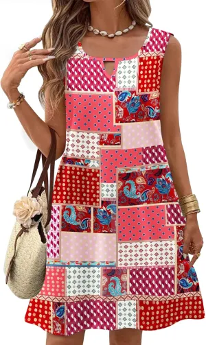 Zeagoo Womens Casual Summer Dresses 2025 Boho Sleeveless Sundresses with Pockets Pleated Beach Floral T Shirt Dresses