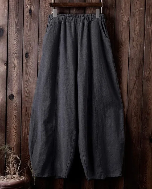ZOCAVIA Cotton Linen Pants for Women Summer Causal Baggy Wide Leg Pants Waist Elastic Relax Fit Lantern Trouser with Pockets