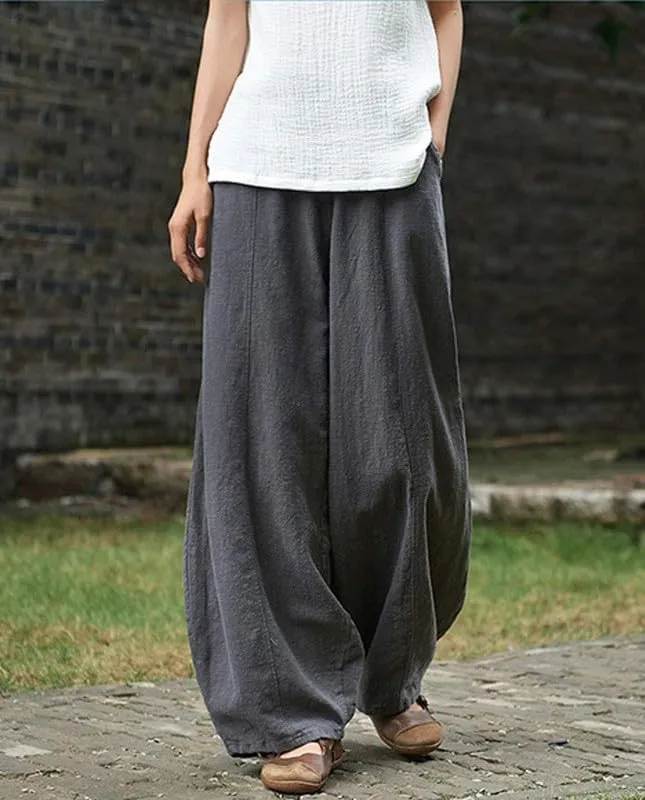 ZOCAVIA Cotton Linen Pants for Women Summer Causal Baggy Wide Leg Pants Waist Elastic Relax Fit Lantern Trouser with Pockets