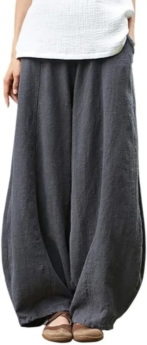 ZOCAVIA Cotton Linen Pants for Women Summer Causal Baggy Wide Leg Pants Waist Elastic Relax Fit Lantern Trouser with Pockets