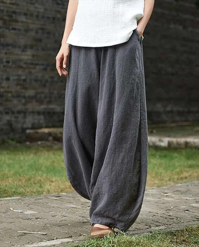 ZOCAVIA Cotton Linen Pants for Women Summer Causal Baggy Wide Leg Pants Waist Elastic Relax Fit Lantern Trouser with Pockets
