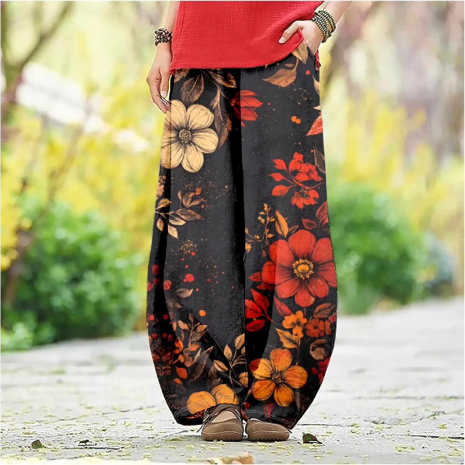 ZOCAVIA Cotton Linen Pants for Women Summer Causal Baggy Wide Leg Pants Waist Elastic Relax Fit Lantern Trouser with Pockets