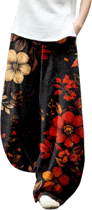 ZOCAVIA Cotton Linen Pants for Women Summer Causal Baggy Wide Leg Pants Waist Elastic Relax Fit Lantern Trouser with Pockets