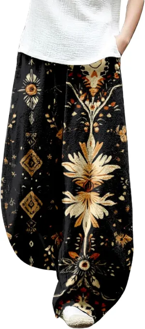 ZOCAVIA Cotton Linen Pants for Women Summer Causal Baggy Wide Leg Pants Waist Elastic Relax Fit Lantern Trouser with Pockets
