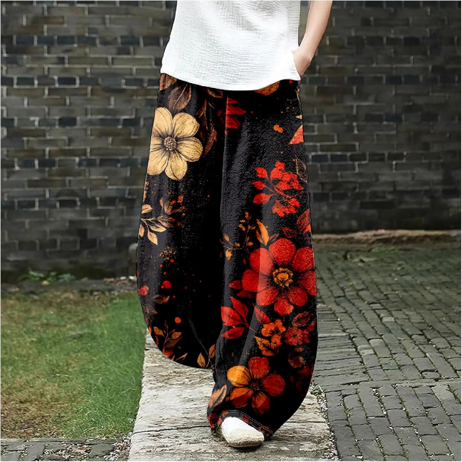 ZOCAVIA Cotton Linen Pants for Women Summer Causal Baggy Wide Leg Pants Waist Elastic Relax Fit Lantern Trouser with Pockets