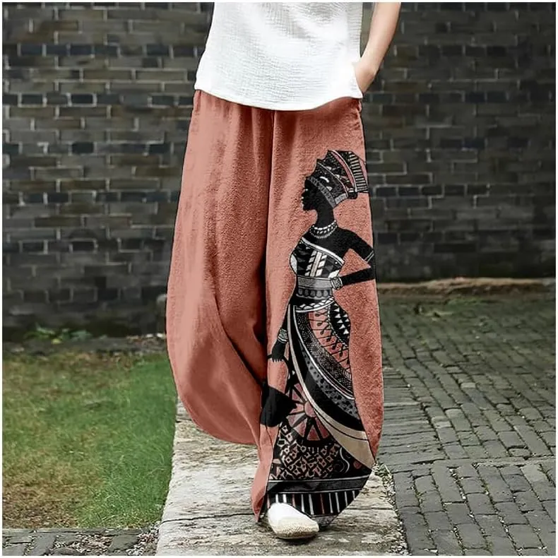 ZOCAVIA Womens Aztec Print Lantern Pants Western Causal Cotton Linen Wide Leg Pants Waist Elastic Hippie Trouser with Pockets
