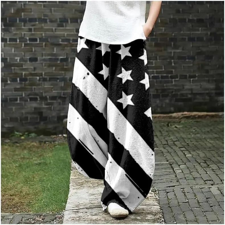 ZOCAVIA Womens Aztec Print Lantern Pants Western Causal Cotton Linen Wide Leg Pants Waist Elastic Hippie Trouser with Pockets