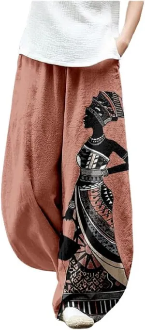 ZOCAVIA Womens Aztec Print Lantern Pants Western Causal Cotton Linen Wide Leg Pants Waist Elastic Hippie Trouser with Pockets