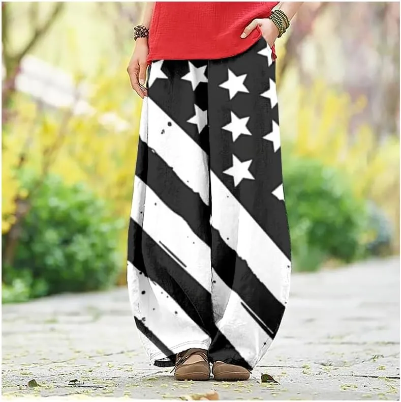 ZOCAVIA Womens Aztec Print Lantern Pants Western Causal Cotton Linen Wide Leg Pants Waist Elastic Hippie Trouser with Pockets