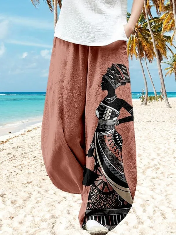 ZOCAVIA Womens Aztec Print Lantern Pants Western Causal Cotton Linen Wide Leg Pants Waist Elastic Hippie Trouser with Pockets