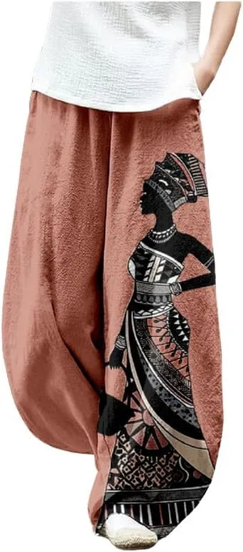 ZOCAVIA Womens Aztec Print Lantern Pants Western Causal Cotton Linen Wide Leg Pants Waist Elastic Hippie Trouser with Pockets