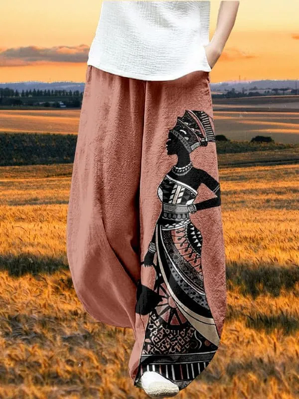 ZOCAVIA Womens Aztec Print Lantern Pants Western Causal Cotton Linen Wide Leg Pants Waist Elastic Hippie Trouser with Pockets