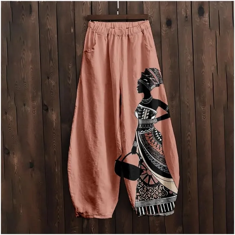 ZOCAVIA Womens Aztec Print Lantern Pants Western Causal Cotton Linen Wide Leg Pants Waist Elastic Hippie Trouser with Pockets