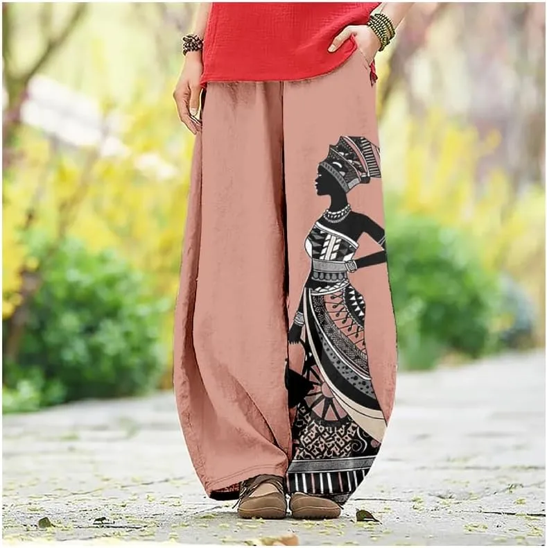 ZOCAVIA Womens Aztec Print Lantern Pants Western Causal Cotton Linen Wide Leg Pants Waist Elastic Hippie Trouser with Pockets